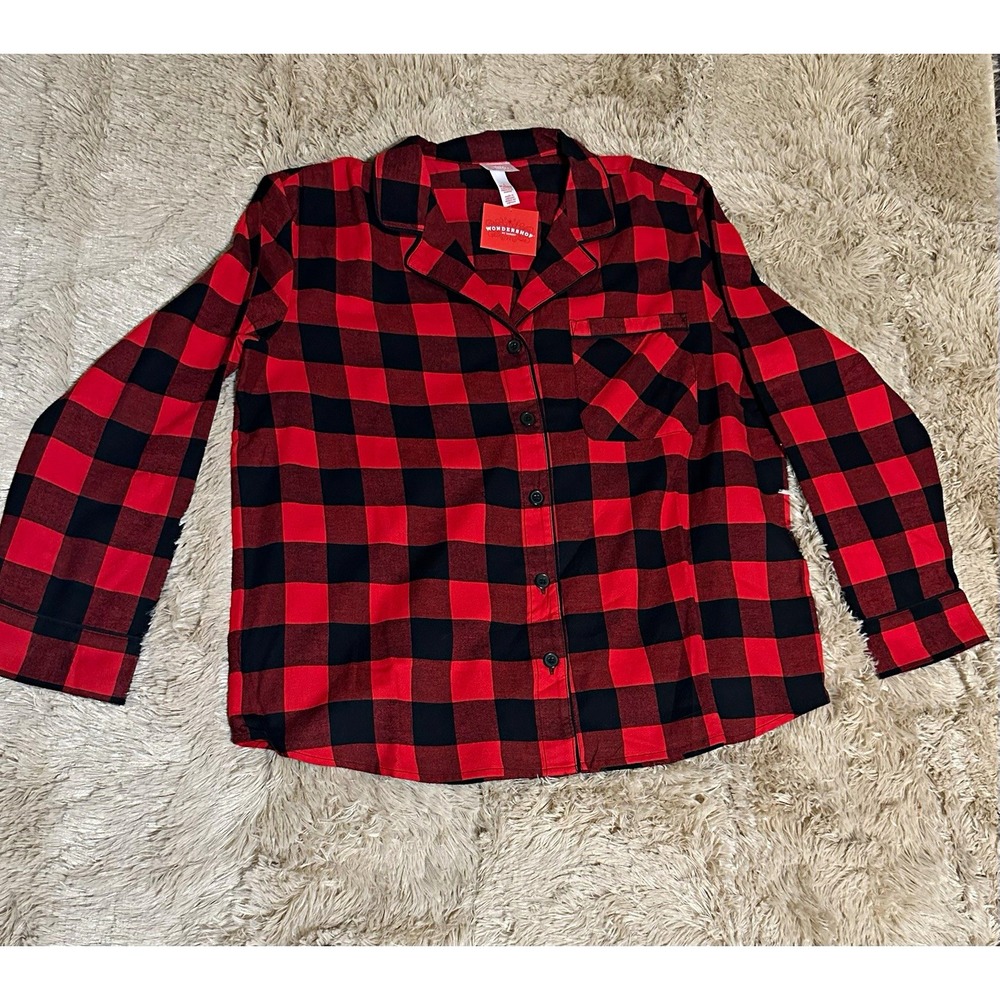 Wondershop Women's L Red/Black Plaid Flannel Cotton Button-Up Pajama Set